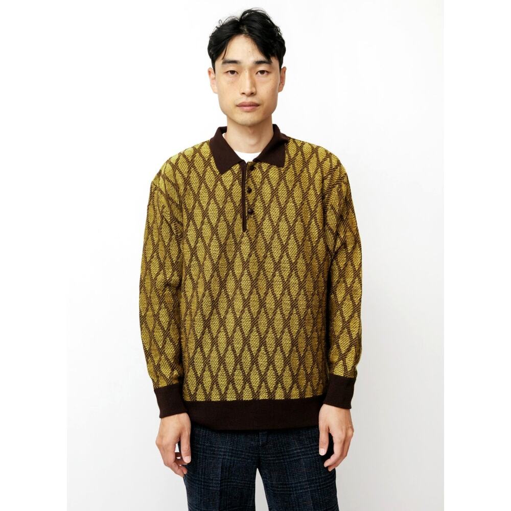 Needles M Wave Stripe Jacquard Polo Sweater $390 Diamond Pattern Retro Japanese